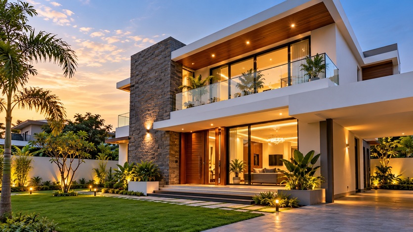 Modern home surrounded by greenery
